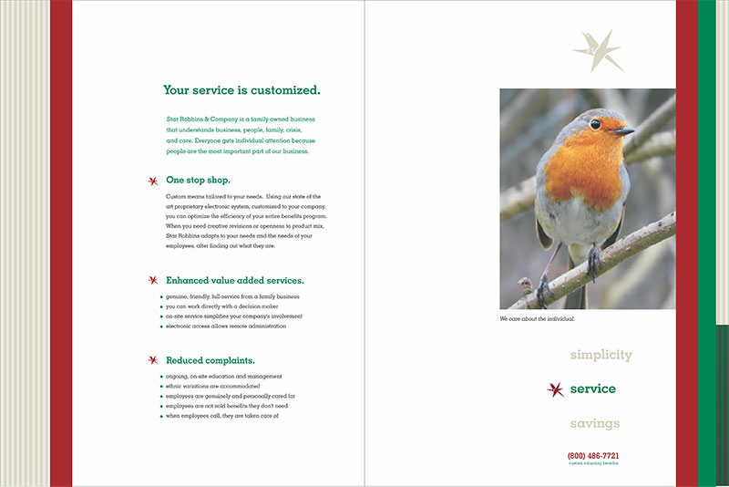 Star Robbins brochure using photograph of robin to enhance name of company.