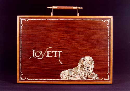 Custom Rosewood and Cherry Attache Case with Abalone pearl lion inlay