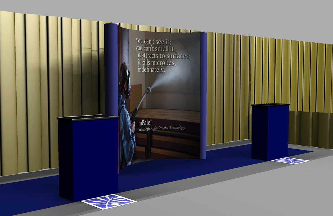 3D Model of trade show booth with graphic design for marketing perception.